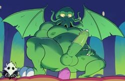 anal anal_sex balls condom cowgirl_position crouching cthulhu cthulhu_mythos dildo elfein genitals green_body green_skin h.p._lovecraft humanoid male male_only musclegut muscular muscular_humanoid muscular_male on_bottom on_top penetration penis riding_toy sex sex_toy sexual_barrier_device solo spread_legs spread_wings spreading tentacle wearing_condom wings