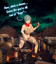 1girls 3d blue_eyes blue_hair bulma_briefs city city_destruction daz3d destruction dialog dialogue dragon_ball dragon_ball_super evil_smile giantess holding_object kamicamie looking_down text torn_bra torn_clothes torn_jeans