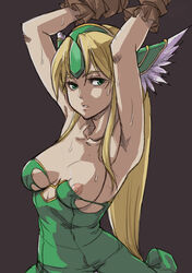 arms_up blonde_hair bondage breasts female female_only gloves green_eyes gus_(clarkii) human long_hair nipple_slip nipples riesz seiken_densetsu seiken_densetsu_3 solo sweat torn_clothes