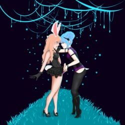 2girls animal_ears anthro blonde_hair blue_eyes blue_hair boots breasts bunny bunny_ears bunny_tail bunnygirl corset cum cum_drip cumdrip dress elin female female_on_futa futanari gloves grass hair head_grab high_heels horns intersex love outfit panties penis penis_under_skirt pink_eyes precum rabbit rabbit_ears ram rubbing shirt small_breasts small_penis stroking tail trouser venuserotica