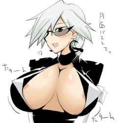 1girls basquash! breasts cleavage earrings haruka_gracia hiya_(dkr) hiya_(pixiv) hiya_dkr huge_breasts jewelry looking_over_eyewear looking_over_glasses looking_over_sunglasses nipple_slip silver_hair sunglasses tinted_eyewear