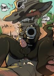 absurd_res anal anal_sex animal_genitalia animal_penis anthro anthro_penetrated balls black_body black_fur clothing cowboy cowboy_hat domestic_cat duo erection eye_scar facial_scar felid feline feline_genitalia feline_penis felis first_person_view fur gay gay_male genitals grin gun handgun hat headgear headwear hi_res holding_gun holding_handgun holding_object holding_pistol holding_ranged_weapon holding_weapon male male/male male_pov mammal mewgenics missing_tooth penetration penile penile_penetration penile_spines penis penis_in_ass pistol pointing_gun_at_viewer poncho power_bottom ranged_weapon scar sharp_teeth smile sssshark_(artist) teeth threatening_with_weapon weapon wild_west yaoi zodiac_(mewgenics)