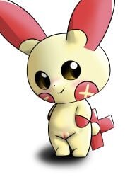 absurd_res blush female feral generation_3_pokemon genitals hi_res nintendo olihai plusle pokemon pokemon_(species) smile solo vulva yellow_body