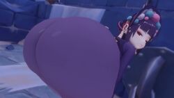 3d animated ass ass_focus ass_shake big_ass female from_behind genshin_impact headdress huge_ass jiggle kishi leaning leaning_forward long_hair looking_at_viewer pantyhose purple_hair red_eyes smile solo tagme thick_thighs very_long_hair video yun_jin_(genshin_impact)