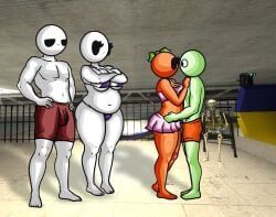2girls2boys arms_crossed arms_crossed_over_breasts bald bald_female bald_male belly belly_button bikini black_eyes breasts bulge bulge_under_clothes chetoh chubby chubby_female claire_(chetoh) cleavage craig_(chetoh) egg eggmale female green_body hands_on_hips height_difference holding_another leaf leaf_hair male mandy_(chetoh) oc orange orange_body orange_trunks original original_character original_characters pout pouting purple_bikini red_trunks staring_at_another trunks white_body yellow_swimsuit