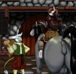 absurd_res adventurer anatomically_correct anatomically_correct_genitalia animal_genitalia animal_vulva anthro armor avian chrono_bluewing crotch_breasts equid equine equine_genitalia equine_vulva female feral genitals group gryphon haggle hi_res horse imminent_sex inn innkeeper male mammal money mythological_avian mythological_creature mythology pony ruanshi smug_face trio vulva