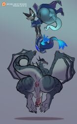 anthro anus blizzard_entertainment blush canid dracthyr dragon duo errokioslem european_mythology full-length_portrait genitals ghost_tail glowing glowing_eyes hi_res holding_object horn humanoid_genitalia humanoid_penis looking_at_viewer male mammal membrane_(anatomy) membranous_wings mythological_creature mythological_scalie mythology penis portrait rear_view scalie simple_background vulpera warcraft western_dragon wings world_of_warcraft