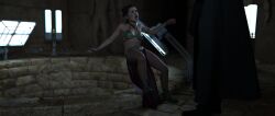 1boy 1boy1girl 1girls 3d alexbridger belly_dancer belly_dancer_outfit boots braided_hair braided_ponytail brown_eyes brown_hair cleavage darth_vader enslaved_royal falling falling_down harem_girl harem_outfit loincloth medium_breasts o-face princess_leia_organa shocked slave slave_bikini slave_collar slave_girl slave_leia slave_outfit star_wars surprised