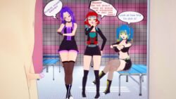 1boy 3d 3girls blue_hair darthrevan english_text faceless_male female koikatsu male penis pinching_gesture purple_hair raceplay red_hair small_penis small_penis_humiliation text uncensored