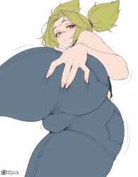 2d ai_assisted ai_generated ass ass_focus balls big_ass blush brown_eyes comic comic_panel comic_strip dizzyarts english femboy feminine_male green_hair jeans league_of_legends otoko_no_ko otokonoko pov_eye_contact riot_games touching_ass uncensored white_background zeri_(league_of_legends)
