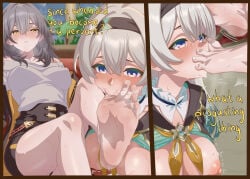2girls barefoot feet femdom firefly_(honkai:_star_rail) foot_fetish foot_focus foot_lick foot_play foot_worship honkai:_star_rail lezdom licking licking_foot soles stelle_(honkai:_star_rail) sweat sweatdrop sweating sweaty_feet tagme text toenails toes