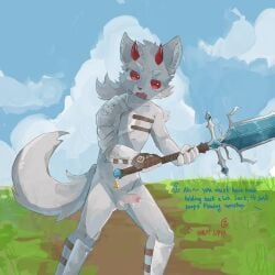 2025 2_horns 5_fingers anthro arm_tuft armor balls black_nose blush bodily_fluids body_blush canid canine canis claws clothing cloud cum cumshot dialogue dirt_road ejaculation english_text equid equine erection eyebrows facial_tuft fangs finger_claws fingerless_gloves fingers fluffy fluffy_tail foreskin genital_fluids genitals gloves grass hair handwear hi_res holding_melee_weapon holding_object holding_sword holding_weapon horn horse inner_ear_fluff kemono lyent_(regcron) male mammal melee_weapon mostly_nude open_mouth outside penis penis_blush plant ponytail red_horn regcron shinguards shoulder_tuft sky solo standing sweat sweatdrop sword tail teeth text tuft weapon white_balls white_eyebrows white_inner_ear white_inner_ear_fluff white_penis wolf
