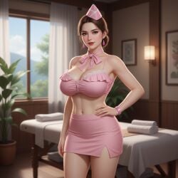 1:1 1girls ai_generated athletic_body belly_button cleavage curtains earrings frilled_bra gemini hand_on_hip indoors lace_trim large_breasts light-skinned_female lipstick looking_at_viewer massage_table masseuse midriff miniskirt neck_ribbon one_hand_on_hip pink_clothing potted_plant rgomez007 self_upload standing tied_hair uniform window window_light wristband
