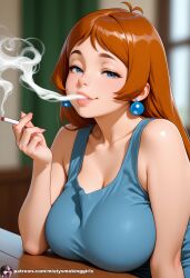 ai_generated bbw big_breasts blowing_smoke chubby cigarette cigarette_in_hand cigarette_smoke cleavage large_breasts red_hair redhair redhead_female seductive seductive_eyes seductive_look sexy sexy_pose short_hair smoke_from_mouth smoking smoking_cigarette smoking_fetish smoking_tobacco solo_female