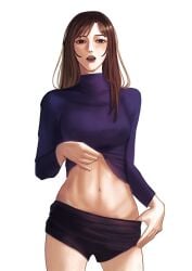 1girls 2024 asian asian_female belly_button big_breasts breasts brown_eyes brown_hair clothed covered_breasts female female_only hourglass_figure hourglass_figured_female japanese japanese_female jujutsu_kaisen looking_at_viewer midriff navel no_panties removing_clothing removing_pants shoko_ieiri shorts skinny skinny_female solo solo_female stllrchld suggestive taking_clothes_off thighs thin thin_female turtleneck undressing white_background