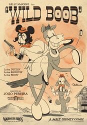 2d 2d_(artwork) 2d_artwork animal areola areolae ass breasts bullets busty cactus cartoony female gun hair horse joaoppereiraus lips male monochrome movie_poster original original_character original_characters rabbit revolver ride riding sally_mcboing trio wild_west