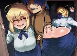 1boy 1girls ai_generated artoria_pendragon_(fate) big_ass blonde_hair blue_hair blush bow cheating cheating_girlfriend cheating_with_friend chibi door doorway emiya_shirou fate/grand_order fate_(series) groping groping_ass groping_from_behind hidden hidden_eyes jazzifu looking_at_viewer matou_shinji medium_breasts multiple_views netorare ntr pov protagonistsub_antagonistdom red_hair self_upload shaking simple_background