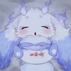 2026 absurd_res bed blue_body blue_fire blue_fur blue_nose blush blush_lines bodily_fluids censored censored_clitoris censored_genitalia censored_vulva clitoris closed_eyes colored_fire duo female fire fur furniture furry genital_fluids genitals heart_symbol hi_res human japanese_text lunlun_(nijisanji) mammal nijisanji on_bed open_mouth semi-anthro sleep_molestation sleeping solo_focus spread_legs spread_vulva spreading text unknown_species vaginal_fluids virtual_youtuber vtuber vulva white_body white_fur yaei_(artist)