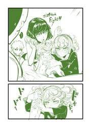 2boys 2girls big_penis black_sclera fubuki_(one-punch_man) genos grabbing_penis green_theme handjob_while_penetrating looking_at_another looking_at_partner looking_at_penis monochrome oil one-punch_man penis saitama short_hair tatsumaki