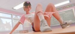 blonde_hair bra brat bratty classroom classroom_background classroom_desk classroom_exhibition crop_top female fortnite fortnite:_battle_royale glasses hairclip hat helsie_(fortnite) hiding_pussy leaning_back legs_apart looking_at_viewer nike panties panties_down round_glasses shirt shoes short_hair short_sleeves sitting sitting_on_desk socks teasing teasing_viewer teenage_girl tm04