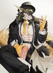 absurd_res aquatic arknights bodily_fluids clothing cum dragon fish fish_tail genital_fluids genitals grey_body hi_res hybrid hypergryph lee_(arknights) lung male multicolored_body mythological_creature mythological_scalie mythology orange_body organs penis scalie sitting solo studio_montagne white_body zackusy