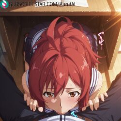 1boy 1girls :>= ai_generated artist_name artist_signature black_pants blush brown_eyes deepthroat fellatio gotanda_ran hetero hi_res high_resolution highres indoors infinite_stratos kurutai looking_at_viewer looking_up oral panties pants pants_pull penis pov red_hair school_uniform short_hair skirt solo_focus subscribestar subscribestar_username sweat uncensored