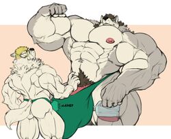 2019 2boys abs anthro ass back_muscles barazoku biceps big_bulge big_muscles blonde_hair brown_hair bulge canid canine canis clothed clothing duo erection erection_under_clothing flexing fur gay genitals george_(yuri)_kuznetsov grey_body grey_fur hair huge_bulge huge_muscles humanoid_genitalia humanoid_penis hyper hyper_biceps hyper_bulge hyper_muscles liquid male male/male male_only mammal muscular navel neck_tuft nipples obliques oldshep onomatopoeia pecs penis plastic_jug pubes size_difference sound_effects standing text thong triceps tuft underwear white_body white_fur wolf yaoi