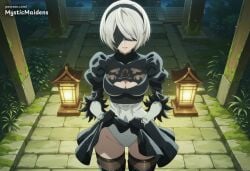 2b_(nier:automata) ai_generated anime anime_style artist_name black_blindfold black_dress black_gloves black_hairband black_thighhighs blindfold boots breasts cleavage cleavage_cutout clothes_lift clothing_cutout covered_eyes cowboy_shot dress dress_lift facing_viewer feather-trimmed_sleeves female gloves hairband hentai hi_res highleg highleg_leotard juliet_sleeves large_breasts leotard leotard_under_clothes lifted_by_self long_sleeves medium_breasts mole mole_under_mouth mystic_maidens nier nier:_automata nier_(series) night outdoors patreon puffy_sleeves short_hair skirt skirt_lift solo thigh_boots thighhighs thighs white_hair white_leotard yorha_2b