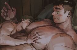 2boys abs absurdres bara black_hair blush breast_sucking broad_shoulders brown_hair collarbone deep_skin earrings freckles green_eyes groping height_difference highres hoonzino huge_pectorals jewelry large_hands licking licking_nipple looking_at_another looking_down lying male_focus multiple_boys muscular muscular_male nipple_stimulation nipples nude on_back on_bed original pectoral_grab raised_eyebrows scar scar_on_shoulder single_earring size_difference sucking_male_nipple thick_eyebrows wide-eyed yaoi