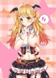 blonde_hair blush breasts clothed clothing female finger_to_mouth head_wings hololive hololive_gen_1 hololive_japan latterbee midriff nipples one_breast_out open_shirt shushing skirt solo virtual_youtuber yellow_eyes yozora_mel