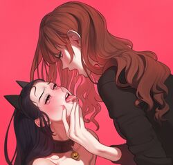 2girls after_kiss animal_ears black_hair blush bondage brown_hair cat_ears catgirl clothed_female clothed_male_nude_female collar egirl eye_contact eyelashes fake_animal_ears feed_spit female female/female female_only femdom femsub french_kiss french_kissing half-closed_eyes hand_on_chin head_grab heavy_blush kissing lezdom lipstick looking_pleasured multiple_girls open_mouth petplay pink_lipstick revolmxd saliva_swap saliva_trail snowballing tongue tongue_out topless yuri