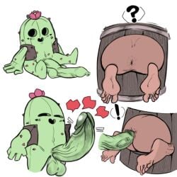 2023 4_fingers 5_toes ambiguous_gender anal anal_sex anthro ass_on_display balls barrel blush blush_lines brawl_stars cactus cactus_creature cheeky_smile dark_body dark_skin digital_drawing_(artwork) digital_media_(artwork) duo elemental_creature exclamation_point featureless_feet feet fingers flora_fauna flower_on_head foreskin garlicjrart genitals glory_hole green_body green_penis green_skin hollow_eyes hollow_mouth human human_on_anthro humanoid_genitalia humanoid_penis ibispaint_(artwork) interspecies long_penis male mammal on_model open_mouth penetration penis pink_spikes plant public public_exposure question shortstack shortstack_male simple_background sitting size_difference sketch smile soles spanish_description spike_(brawl_stars) spikes squinted_eyes standing supercell_(company) toes translated_description white_background