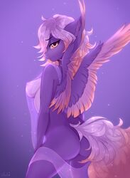 absurd_res anthro ardent_dusk ass bedroom_eyes breasts clothing equid equine feathered_wings feathers female hasbro hi_res inner_ear_fluff looking_at_viewer looking_back mammal my_little_pony narrowed_eyes nipples nude pegasus rear_view seductive side_boob simple_background solo spread_legs spread_wings spreading translucent translucent_clothing tuft u_lu_lu wings