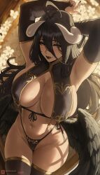 ahoge ai_generated albedo_(overlord) armpits arms_up bangs black_hair black_nails black_thighhighs black_wings blush breasts cleavage curvy demon_girl demon_horns feathered_wings female hair_between_eyes highleg horns jezefk large_breasts lipstick long_hair looking_at_viewer low_wings makeup navel parted_lips patreon_logo patreon_username questionable sensitive smile solo thick_thighs thighhighs thighs wings