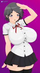 1girls alternate_breast_size big_breasts black_hair blush breasts danganronpa female_focus female_only freckles huge_breasts large_breasts megamoo mukuro_ikusaba pixiv purple_eyes salute short_hair skirt stockings straight_hair thick_thighs