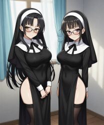 2girls ai_generated bangs big_breasts black_hair black_stockings blush breasts brown_eyes curtains female glasses hairclip hands_behind_back heavy_breathing high_school_dxd indoors large_breasts long_hair looking_at_viewer notreallyhere nun nun's_habit nun_habit nun_hat nun_outfit parted_bangs remake remastered shinra_tsubaki short_hair smile sona_sitri standing stockings v_arms violet_eyes