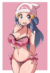 1girls aged_up alternate_breast_size big_breasts blue_eyes blue_hair blush bra breasts cleavage clothed clothed_female clothing colored dawn_(pokemon) female female_focus female_only fully_clothed hourglass_figure human large_breasts legs_together looking_at_viewer lucyfercomic matching_underwear nintendo open_mouth panties pink_bra pink_panties pokemon pokemon_dppt shiny_skin simple_background solo solo_female solo_focus underwear video_games wide_hips young