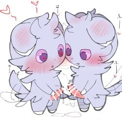 1:1 anthro anthro_on_anthro aroused biped blush bodily_fluids comparing comparing_penis digital_drawing_(artwork) digital_media_(artwork) duo ear_blush espurr floppy_ears fur generation_6_pokemon genital_fluids genitals grey_body grey_fur heart_pupils heart_reaction heart_symbol hearts_around_head hi_res japanese_text leaking_precum licking licking_lips looking_down looking_down_at_genitalia looking_down_at_penis male male/male nintendo onomatopoeia open_mouth penis pink_penis pink_sclera plantigrade pokemon pokemon_(species) precum precum_on_ground purple_eyes sakaniyame simple_background sound_effects standing steam tail tail_motion tailwag text tongue tongue_out white_background
