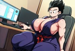 1female 1girls ai_generated athletic athletic_female belt black_eyes black_hair breasts breasts_bigger_than_head computer computer_chair computer_keyboard computer_monitor computer_mouse computer_screen confused confused_expression confused_face confused_look confusion curvy curvy_body curvy_female curvy_figure curvy_hips dragon_ball dragon_ball_z female female_focus female_gohan female_only female_saiyan genderbent genderswap_(mtf) gohan hybrid_saiyan illustrious_(stable_diffusion) purple_pants purple_shirt red_belt rule_63 saiyan saiyan_female self_upload simple_background sitting sitting_on_chair son_gohan spiked_hair spiky_hair staring_at_breasts style_imitation style_parody tagme visible_breasts