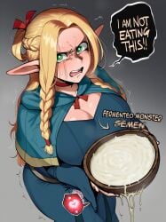 1girls ai_generated angry big_breasts blur_censor blush cum cum_in_bowl drooling dungeon_meshi elf excessive_cum fully_clothed green_eyes hair_ornament jazzifu looking_at_viewer marcille_donato motion_lines ovaries robes self_upload shaking shiny_skin shouting simple_background solo sweat sweatdrop text