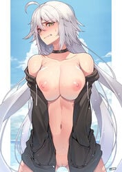 1girl 1girls areolae background blush blushing fate/grand_order fate_(series) female female_only jeanne_alter jeanne_d'arc jeanne_d'arc_(alter)_(fate) jjune large_breasts looking_at_viewer navel no_bra nude open_shirt partially_clothed pussy solo solo_female standing stomach sweat tagme uncensored white_hair