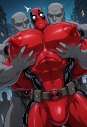 ai_generated anonymous_male bara big_areola big_bulge big_nipples big_pecs bulge deadpool flustered grabbing_from_behind groping huge_pecs hyper_muscles hyper_pecs male/male male_breasts male_only marvel outdoors outside pecs skin_tight sucking_nipples surprised threesome