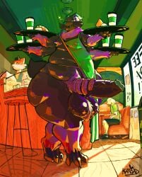 4_arms absurd_res anthro apron apron_only arachnid areola arthropod ball_tuft balls belly big_penis bodily_fluids body_hair bread breasts cake canid canine cash_register clothing coffee_cup coffee_shop container coxinha croissant cup cupcake dark_body dark_skin dessert detailed_background doughnut_fucking doughnut_on_penis flustered food food_fetish food_on_penis food_play fox fur furniture genitals glistening glistening_balls glistening_body glistening_breasts glistening_genitalia glistening_penis glistening_thighs green_apron green_clothing group hairy_balls hi_res karbun light male mammal mostly_nude multi_arm multi_limb napkin nipple_outline pastry penis penis_in_food pubes pubes_on_food public public_nudity purple_areola purple_body purple_fur reflective_floor serving_beverage serving_food serving_tray smug_face solo_focus spider spiked_balls spiked_penis spikes spikes_(anatomy) sprocket_(gamergunki) starbucks stool sunlight sweat sweatdrop tail thick_thighs trio tuft vein veiny_penis vibrant_background