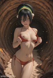 1girl ai_generated avatar_the_last_airbender bangs bikini blue_eyes breasts brunette cute female front_view hard_nipples mouth_open panties patreon_username short_hair small_breasts solo toph_beifong watermark