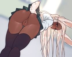 1girls animal_ears animal_tail anus ass blush bunny_ears bunny_tail dark_skin female female_focus female_only from_behind grin lagomorph looking_at_viewer looking_back low-angle_view miruko my_hero_academia no_panties nopan pussy rumi_usagiyama school_uniform schoolgirl skirt smile solo spacenipnops standing thighhighs upskirt wide_thighs