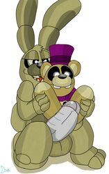 animatronic anthro balls bear big_penis duo erection eyelashes five_nights_at_freddy's five_nights_at_freddy's_4 fredbear_(fnaf) furry gay genitals half-closed_eyes humanoid_penis lagomorph open_mouth penis plushie plushtrap plushtrap_(fnaf) plushtrapboyuwu rabbit robot spread_legs testicles ursid video_games white_background yaoi yellow_body