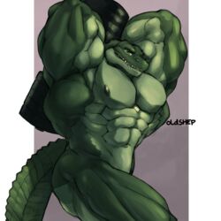 1:1 2019 abs alligator alligatorid anthro barazoku barbell big_muscles convenient_censorship crocodilian exercise green_body hands_behind_head huge_muscles hyper hyper_muscles looking_at_viewer male male_only muscular muscular_anthro muscular_male navel nipples nude obliques oldshep pecs quads reptile scalie simple_background smile solo standing weightlifting workout