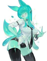 1girls black_thighhighs clothing ear_piercing female female_only green_body green_hair grin hair_over_eyes hand_on_hip hi_res humanoid long_hair necktie original original_character pointy_ears sharp_teeth shirt short_shorts shorts simple_background sleeves_rolled_up smiling solo sparkles spiked_bracelet spiked_collar thigh_squish thighhighs toge77789 togetoge white_background