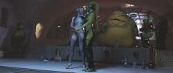 2girls 3d alexbridger bib_fortuna brown_eyes brown_hair c-3po dancer dancer_outfit detached_sleeves enslaved_royal fishnets gamorrean green_skin harem harem_girl harem_outfit headwear high_heels hutt jabba's_palace jabba_the_hutt large_breasts leggings long_hair medium_breasts nipple_piercing nipple_rings oola princess_leia_organa pubic_tattoo sandals slave slave_leia slave_outfit star_wars tattoo twi'lek twin_braids twintails veil