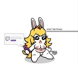 2026 absurd_res annoyed anthro areola artist_name big_breasts black_eyebrows black_eyes blonde_hair blue_ear_piercing breasts cellphone closed_frown colored crossover crown crown_only curvy_figure dialogue digital_drawing_(artwork) digital_media_(artwork) ear_piercing electronics english_description english_text eyebrow_through_hair eyebrows eyelashes featureless_legs female female_anthro frown full-length_portrait fur furrowed_eyebrows gem genitals hair headgear headgear_only hi_res holding_cellphone holding_object holding_phone inverted_nipples jaleczu lagomorph light lighting long_ears long_eyelashes long_hair mammal mario_bros mario_plus_rabbids_kingdom_battle mitten_hands mouth_closed multicolored_body navel navel_piercing nintendo nipples nude nude_anthro nude_female overweight overweight_anthro overweight_female pawpads phone piercing pink_vulva portrait rabbid rabbid_peach raving_rabbids rayman_(series) ruby_(gem) sapphire_(gem) shaded simple_background simple_shading solo sparkles sparkling_eyes speech_bubble straight_arms tan_areola tan_body tan_inner_ear tan_pawpads tan_skin text thick_thighs translucent translucent_hair twitch.tv two_tone_body ubisoft vulva white_background white_body white_fur